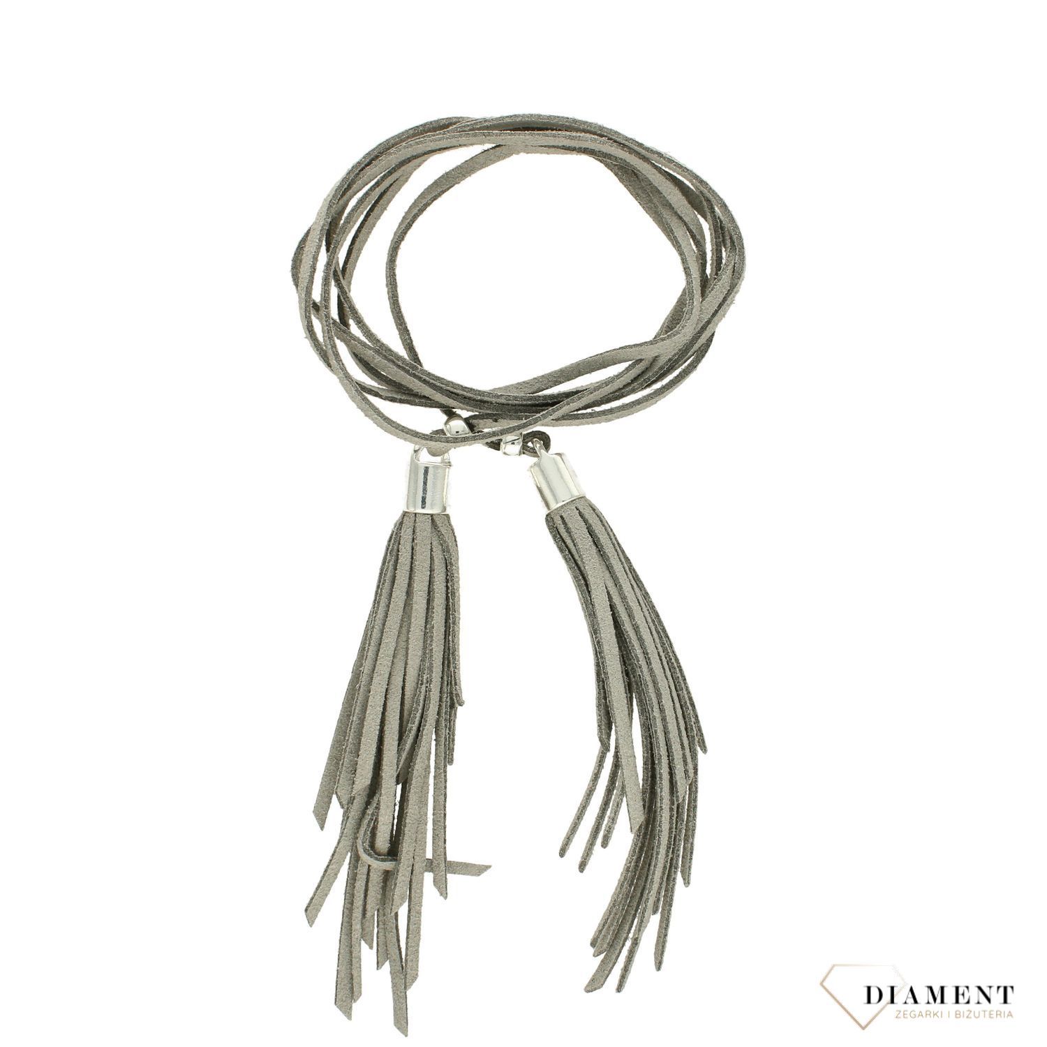 Naszyjnik choker szary rzemyk z chwostami i srebrnymi dodatkami DIA-NSZ-0078-SZARY S. Ciekawy, oryginalny naszyjnik choker to dodatek idealny na lato.jpg